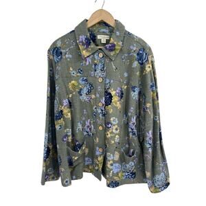 Appleseeds Cornflower Print Linen Blend Green Jacket 1X